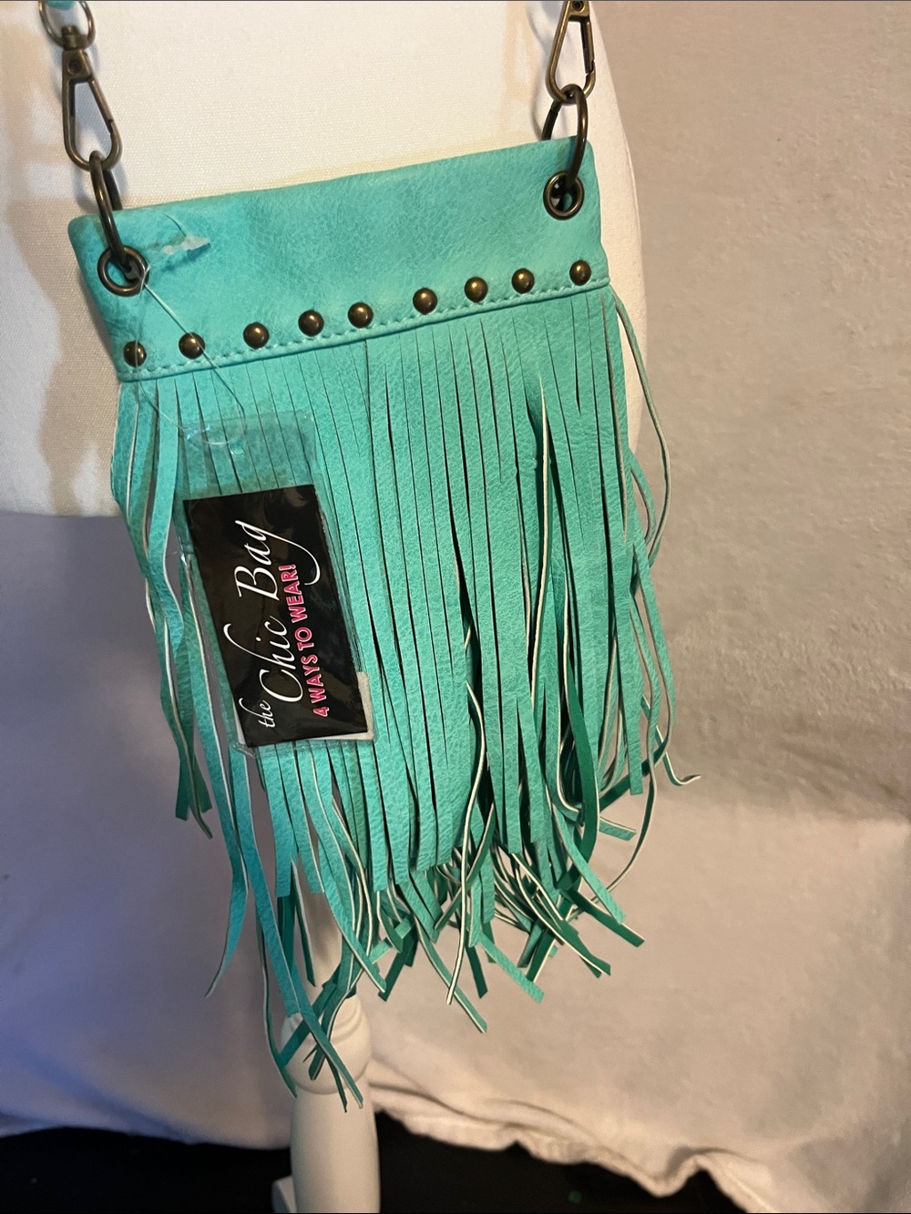 Turquoise Fringe Crossbody Bag with Studded Trim